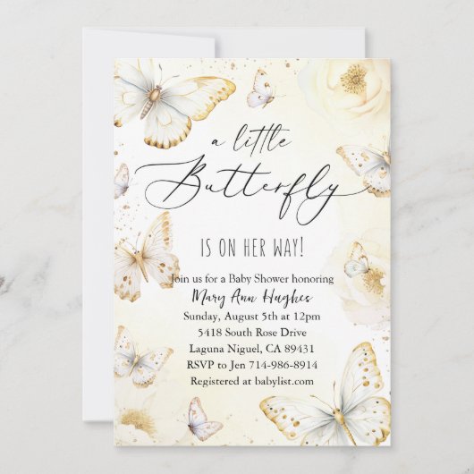 Witte en gouden vlinder Baby shower Kaart (Voorkant)