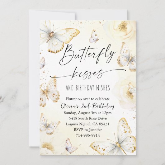 Witte en gouden vlinderkusjes verjaardag kaart (Voorkant)