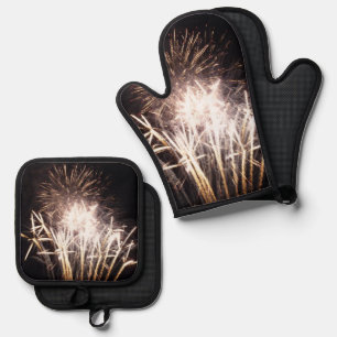Witte en gouden vuurwerk I Patriottische viering Ovenwant & Pannenlap Set
