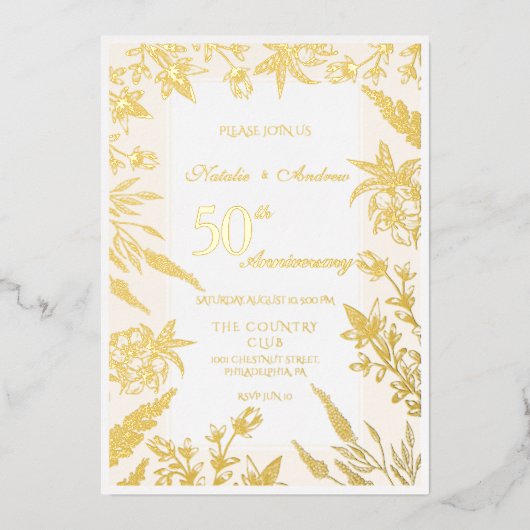 Witte en Gouden Wilde Bloemen Jubileum Folie Uitnodiging (Voorkant)