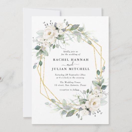 Witte en goudflorale geometrische bruiloft kaart (Voorkant)