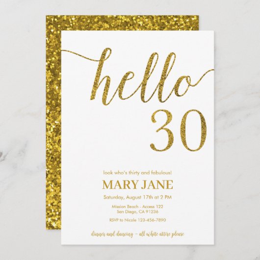 Witte en goudglitter 30ste verjaardag kaart (Voorkant / Achterkant)