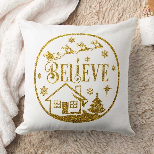 Witte en goudglitter Beleef kerstdecoratief Kussen (Deken)