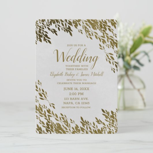 Witte en goudhoudende bladeren Roche Modern Weddin Kaart (Staand voorkant)