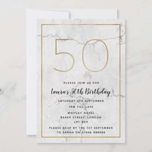 Witte en goudkleurige 50e verjaardag uitnodigingen (Voorkant)