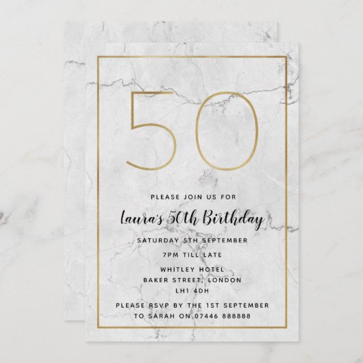 Witte en goudkleurige 50e verjaardag uitnodigingen (Voorkant / Achterkant)