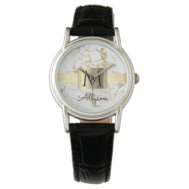 Witte en goudkleurige gouddoos, zwart monogram horloge