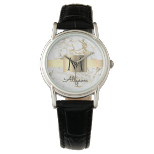 Witte en goudkleurige gouddoos, zwart monogram horloge