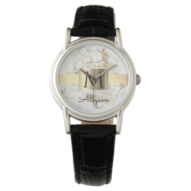 Witte en goudkleurige gouddoos, zwart monogram horloge (Voorkant)