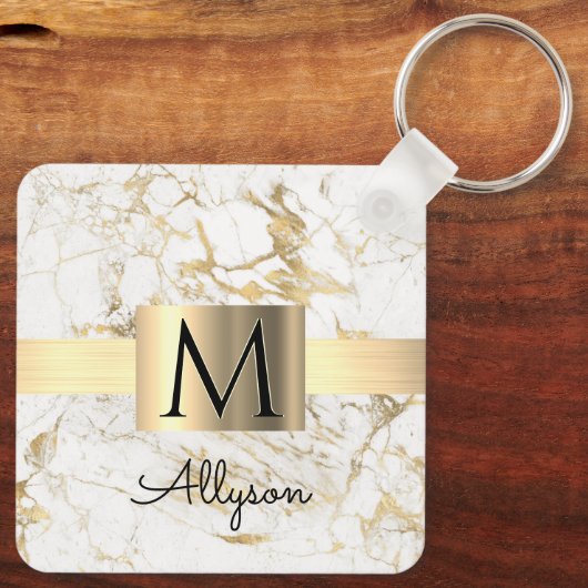 Witte en goudkleurige gouddoos, zwart monogram sleutelhanger (Achterkant)