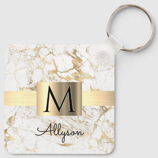 Witte en goudkleurige gouddoos, zwart monogram sleutelhanger (Achterkant)