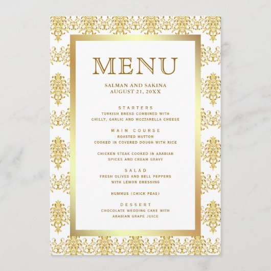 Witte en goudkleurige islamitische moslimbruiloft menu (Voorkant)