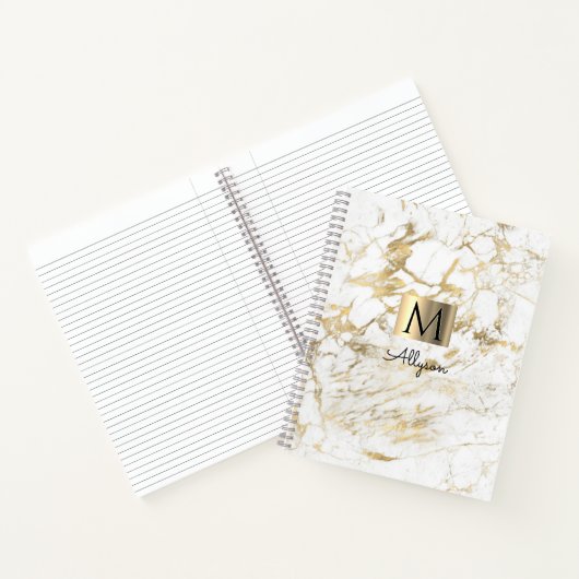 Witte en goudmarmer, gouddoos, naam en monogram notitieboek (Binnen)