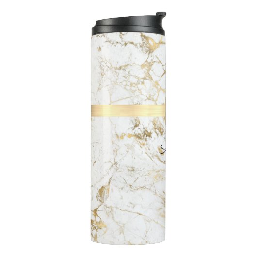 Witte en goudmarmer, gouddoos, naam en monogram thermosbeker (Gedraaid links)