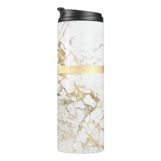 Witte en goudmarmer, gouddoos, naam en monogram thermosbeker (Geroteerd rechts)