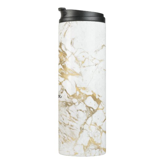 Witte en goudmarmer, gouddoos, naam en monogram Vs Thermosbeker (Geroteerd rechts)