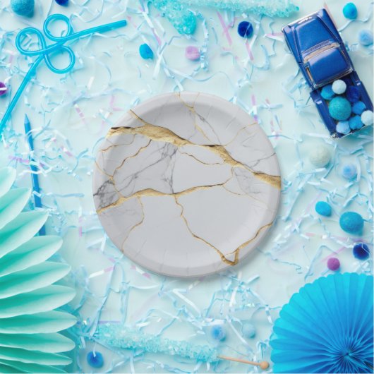 Witte en goudmarmer papieren bordje (Feest)