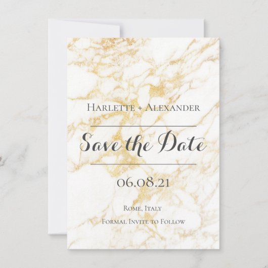 Witte en goudmarmer save the date (Voorkant)