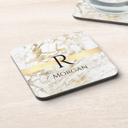 Witte en goudmarmer, zwarte naam en monogram bier onderzetter (Linkerzijde)