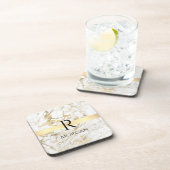 Witte en goudmarmer, zwarte naam en monogram bier onderzetter (Rechterzijde)