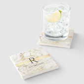 Witte en goudmarmer, zwarte naam en monogram stenen onderzetter (Zijkant)