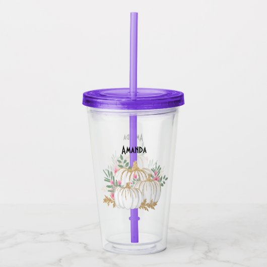 Witte en goudpompoenen Waterverf Acryl Drinkbeker (Voorkant)