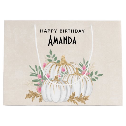 Witte en goudpompoenen Waterverf Birthday Groot Cadeauzakje (Voorkant)