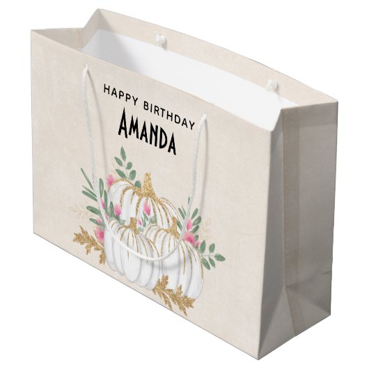 Witte en goudpompoenen Waterverf Birthday Groot Cadeauzakje (Achterkant Gekanteld)