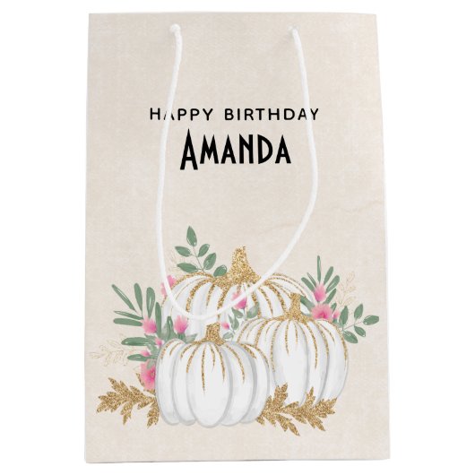 Witte en goudpompoenen Waterverf Birthday Medium Cadeauzakje (Voorkant)