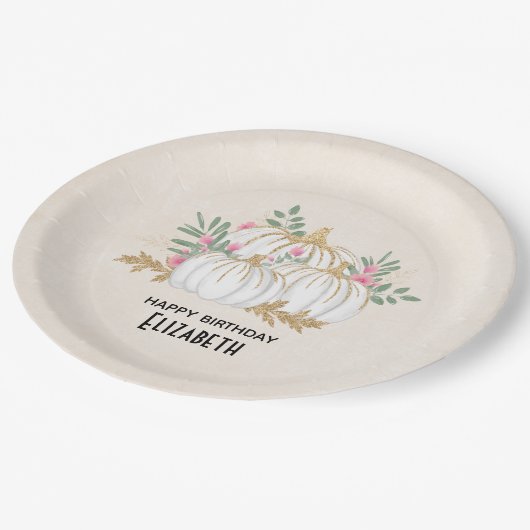 Witte en goudpompoenen Waterverf Birthday Papieren Bordje (Gekanteld)