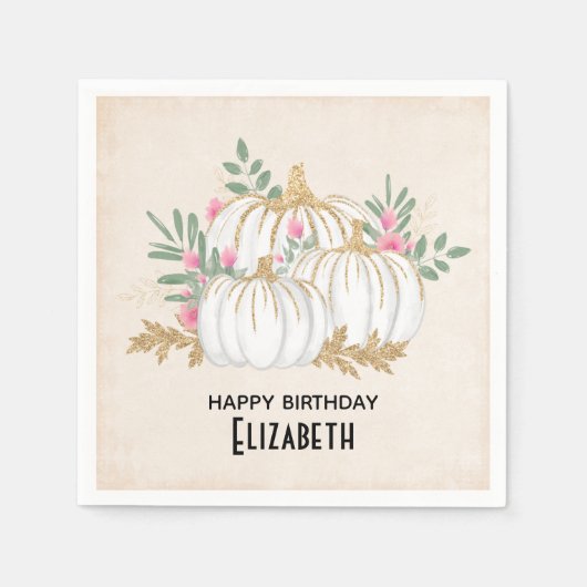 Witte en goudpompoenen Waterverf Birthday Servet (Voorkant)