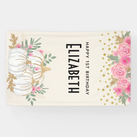 Witte en goudpompoenen Waterverf Birthday Spandoek (Horizontaal)