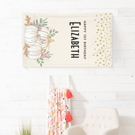 Witte en goudpompoenen Waterverf Birthday Spandoek (Insitu)