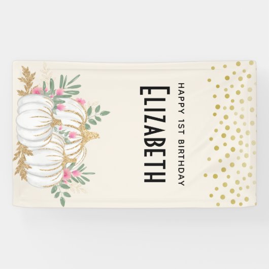 Witte en goudpompoenen Waterverf Birthday Spandoek (Horizontaal)