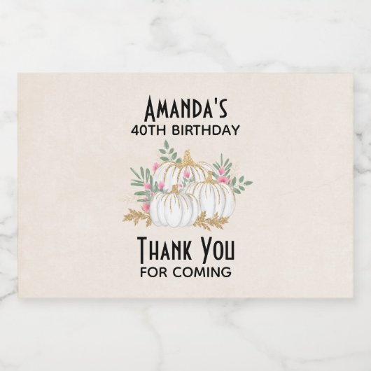 Witte en goudpompoenen Waterverf Birthday Sparkling Wijnetiket (Enkel label)