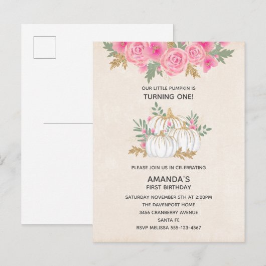 Witte en goudpompoenen Waterverf Birthday Uitnodiging Briefkaart (Voorkant / Achterkant)