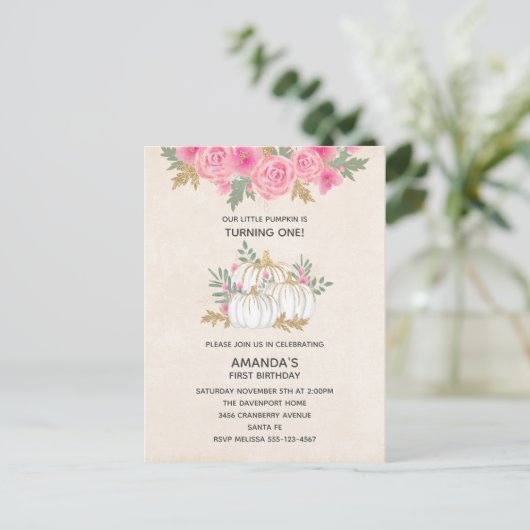 Witte en goudpompoenen Waterverf Birthday Uitnodiging Briefkaart (Staand voorkant)