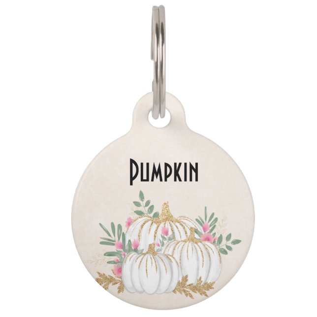 Witte en goudpompoenen Waterverf Huisdierpenning (Voorkant)