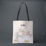 Witte en goudpompoenen Waterverf Tote Bag<br><div class="desc">Een canvas tas met fancy waterverf witte pompoen met accenten van faux goudglitter. Omringd door groene bladeren en roze wilde bloemen.</div>