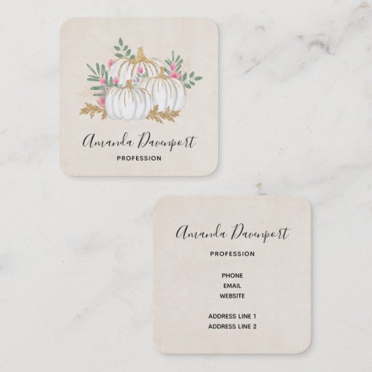 Witte en goudpompoenen Waterverf Vierkante Visitekaartje (Voorkant / Achterkant)