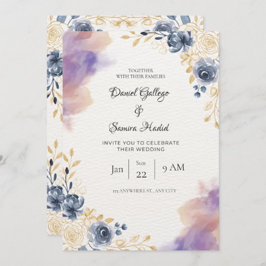 Witte en grijsblauwe aquarel bloemenbruiloft kaart (Voorkant / Achterkant)