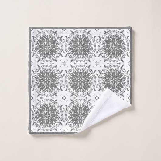 Witte en grijze folklore ornament damask bad handdoek (Wasdoekje)