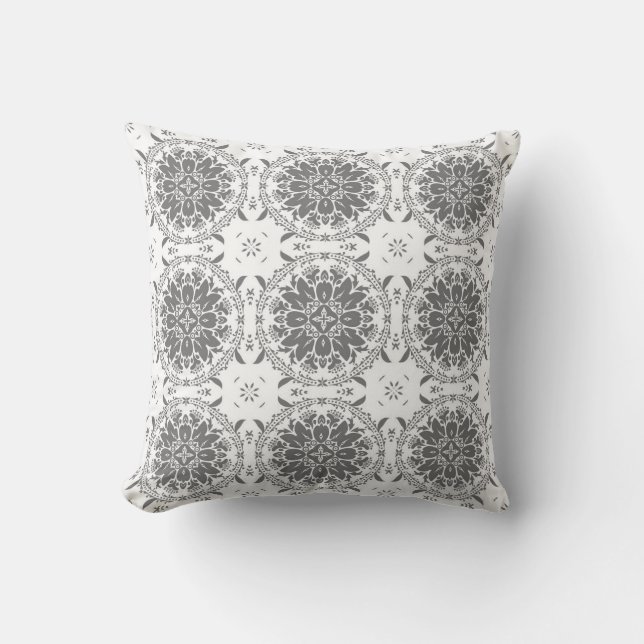 Witte en grijze folklore ornament damask kussen (Voorkant)