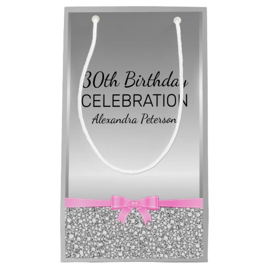 Witte en grijze glitter verjaardag klein cadeauzakje (Voorkant)