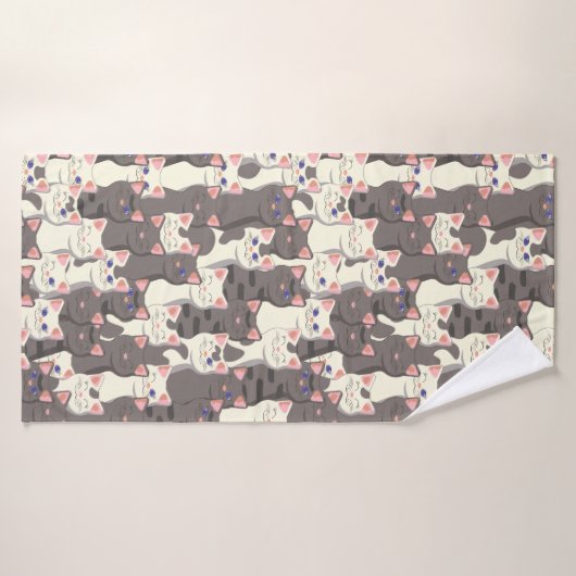 Witte en grijze kattenpatroon badhanddoek (Badhanddoek)