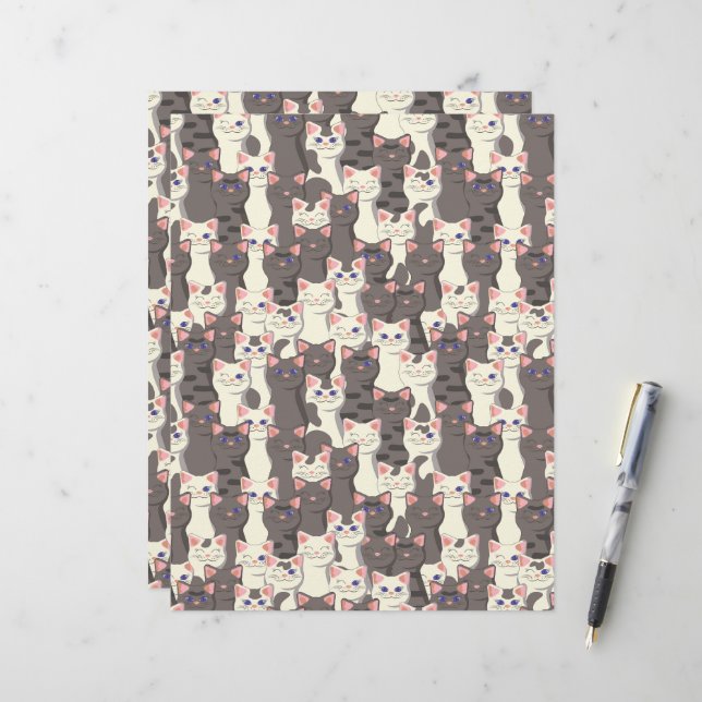 Witte en grijze kattenpatroon briefhoofd (Voorkant / Achterkant in situ)