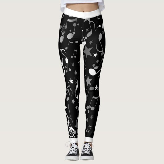 Witte en grijze Muzieknoten en witte sierstrip op  Leggings (Voorkant)