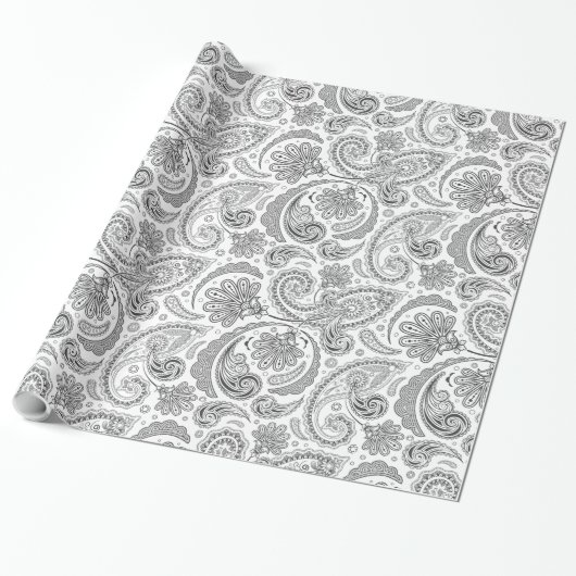 Witte en grijze  Paisley Lace Damaskers Cadeaupapier (Uitgerold)