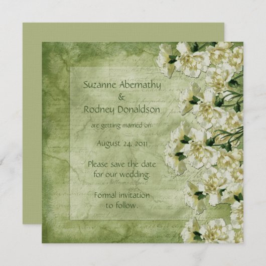 Witte en groene anjers besparen de datum save the date (Voorkant / Achterkant)