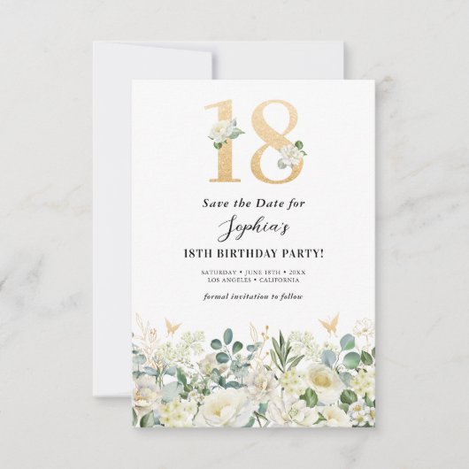 Witte en groene bloemen 18e verjaardag save the date (Voorkant)